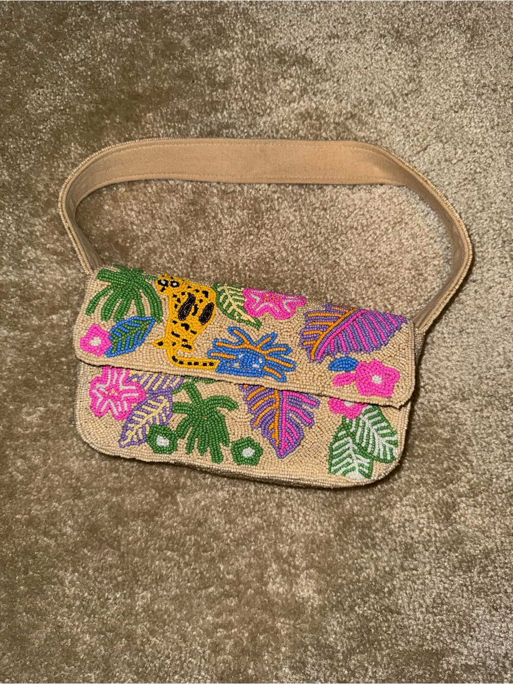Beaded Tropical Leaf Crossbody Bag in Neutral with Multicolor Embroidery